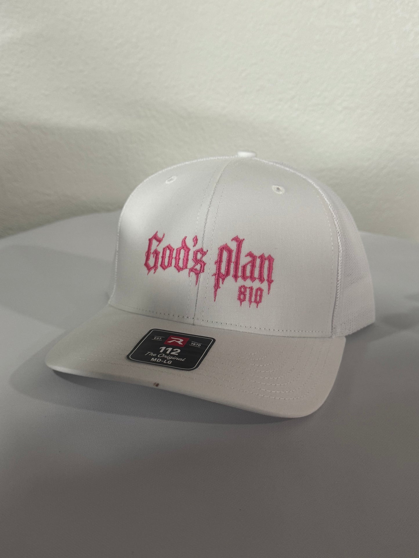 God’s plan Richardson 112 white with pink logo