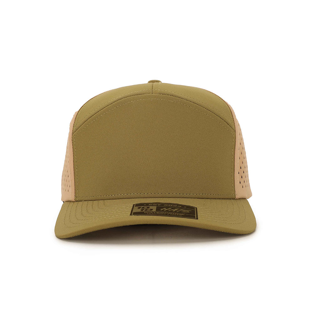 10 10 Hats – 7 Panel Waterproof Hat - Green / Tan - front view