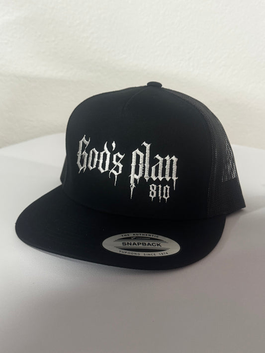 God’s plan YP classic flat brim, snapback black hat with white logo
