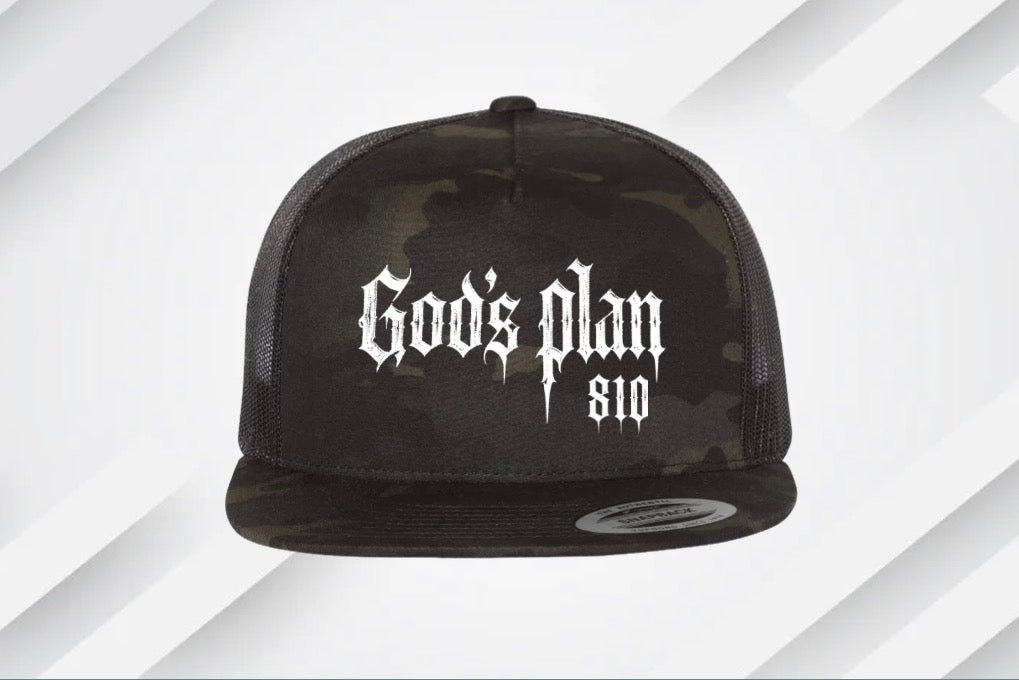 God’s plan YP classic flat brim, snapback black camo hat with white logo