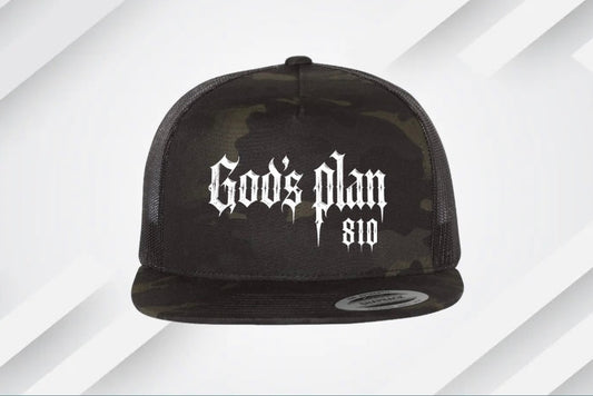 God’s plan YP classic flat brim, snapback black camo hat with white logo