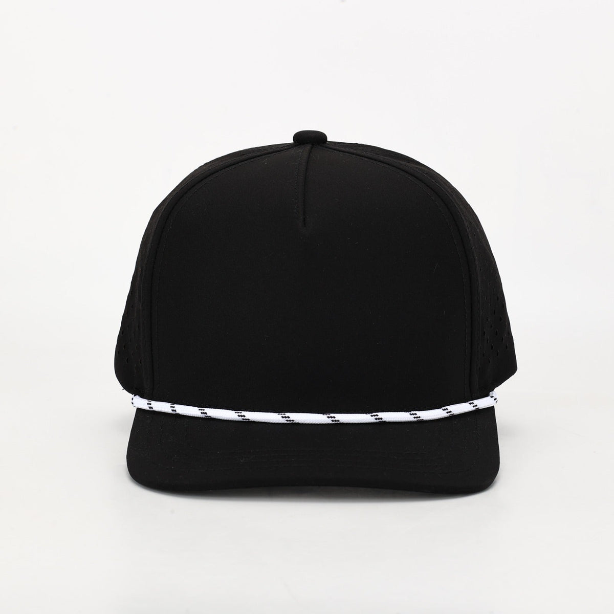 10 10 Hats – Kids 5 Panel Waterproof Rope Hat - Black / White Rope - front view